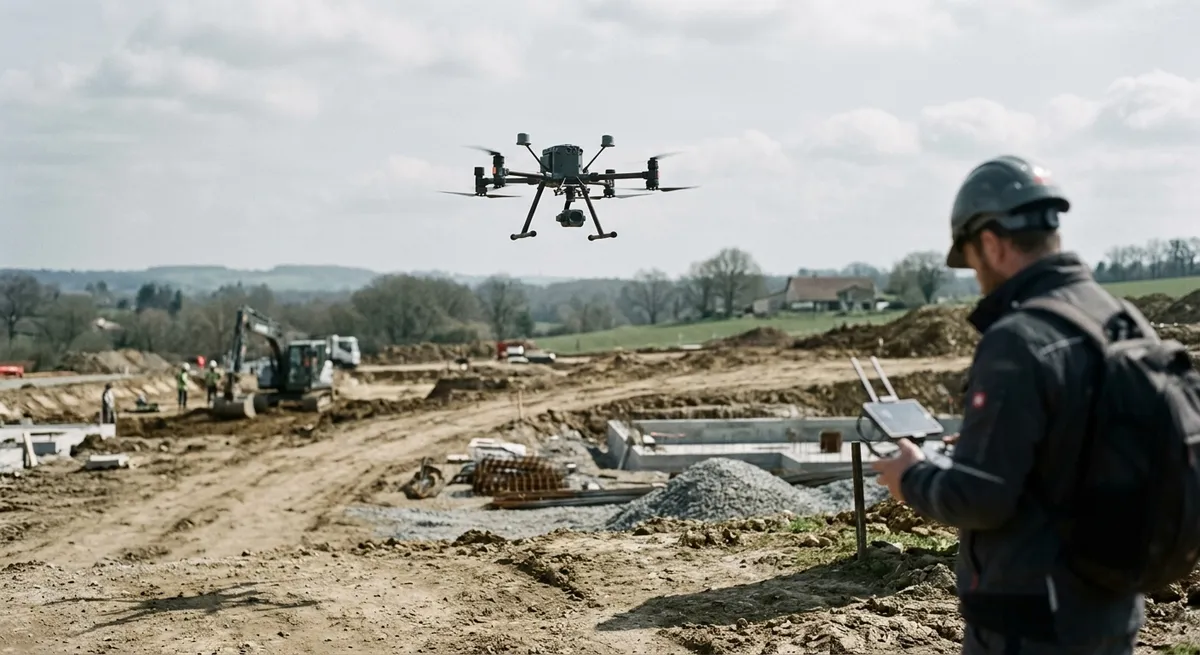 Drone de relevé topographique en vol au-dessus d’un terrain