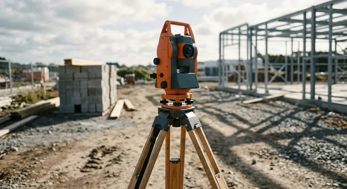 Station totale de topographie sur trépied, sur un chantier